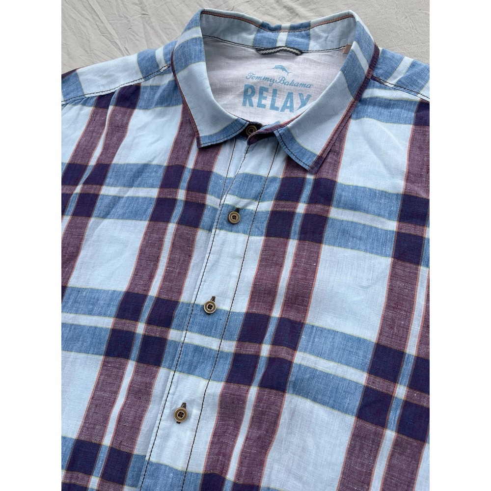 Tommy Bahama Men's 2XL/TTG Relax Blue‎ Short Sleeve Plaid Shirt 100% Linen